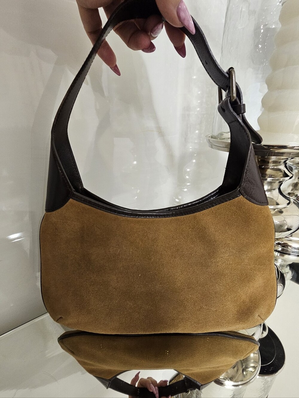 Banana Republic Tan Suede Shoulder Bag with Dark Brown Leather Trim - Picture 2 of 3